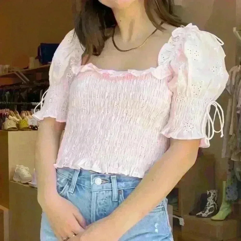 Isalis Francesca Eyelet Smocked Top In Baby Pink